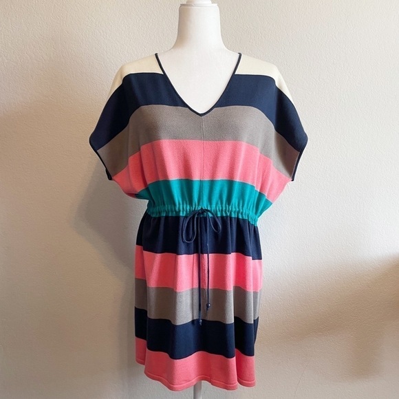 Trina Turk Striped V Neck Drawstring Waist Swim Cover Up Mini Dress Size Small - Picture 2 of 8